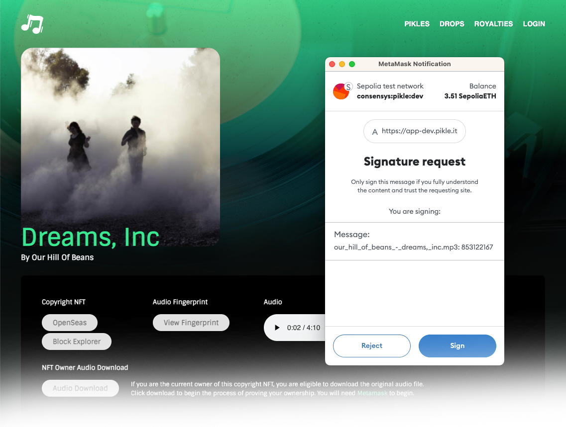 Cryptographically Secure Music Download with Metamask